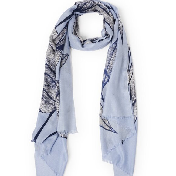 Kinross Silk Cashmere Scarf Blue Leaves - Picture 15 of 15